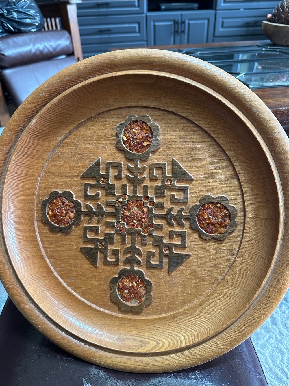 Vintage Latvian Wooden Decorative Tray with Amber Inlays